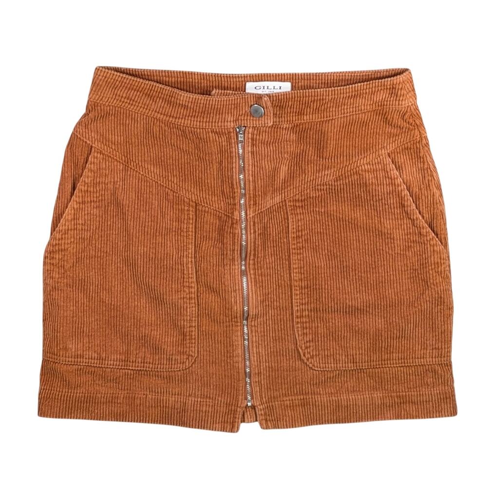 Gilli Corduroy Mini Skirt Brown Front Zip Up Pockets  Casual Womens Size Medium